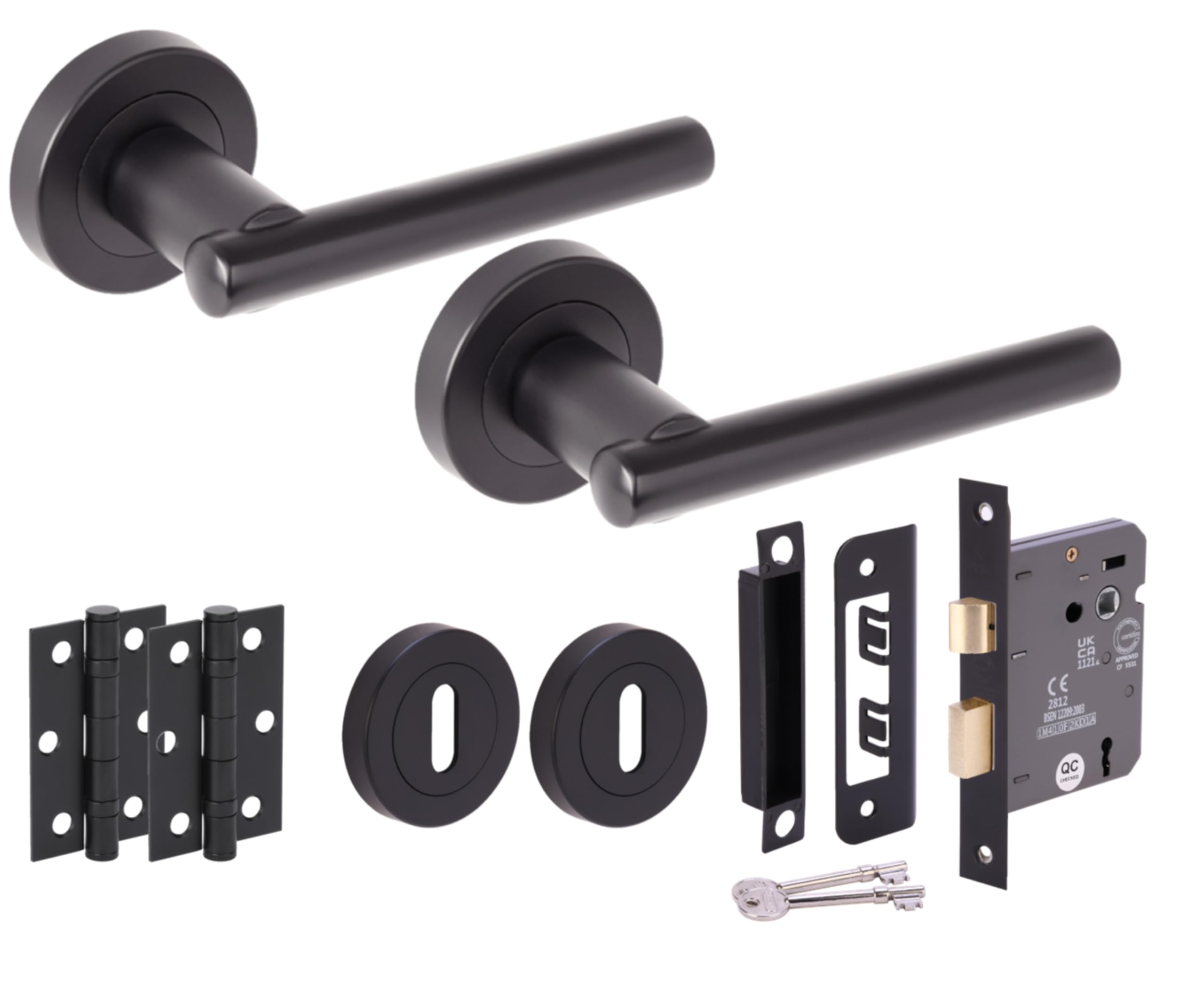Hunta HANDLEZONE® Solus Door Handles on Rose 3 Lever Lock Pack with Ball Bearing Hinges - Black Matt
