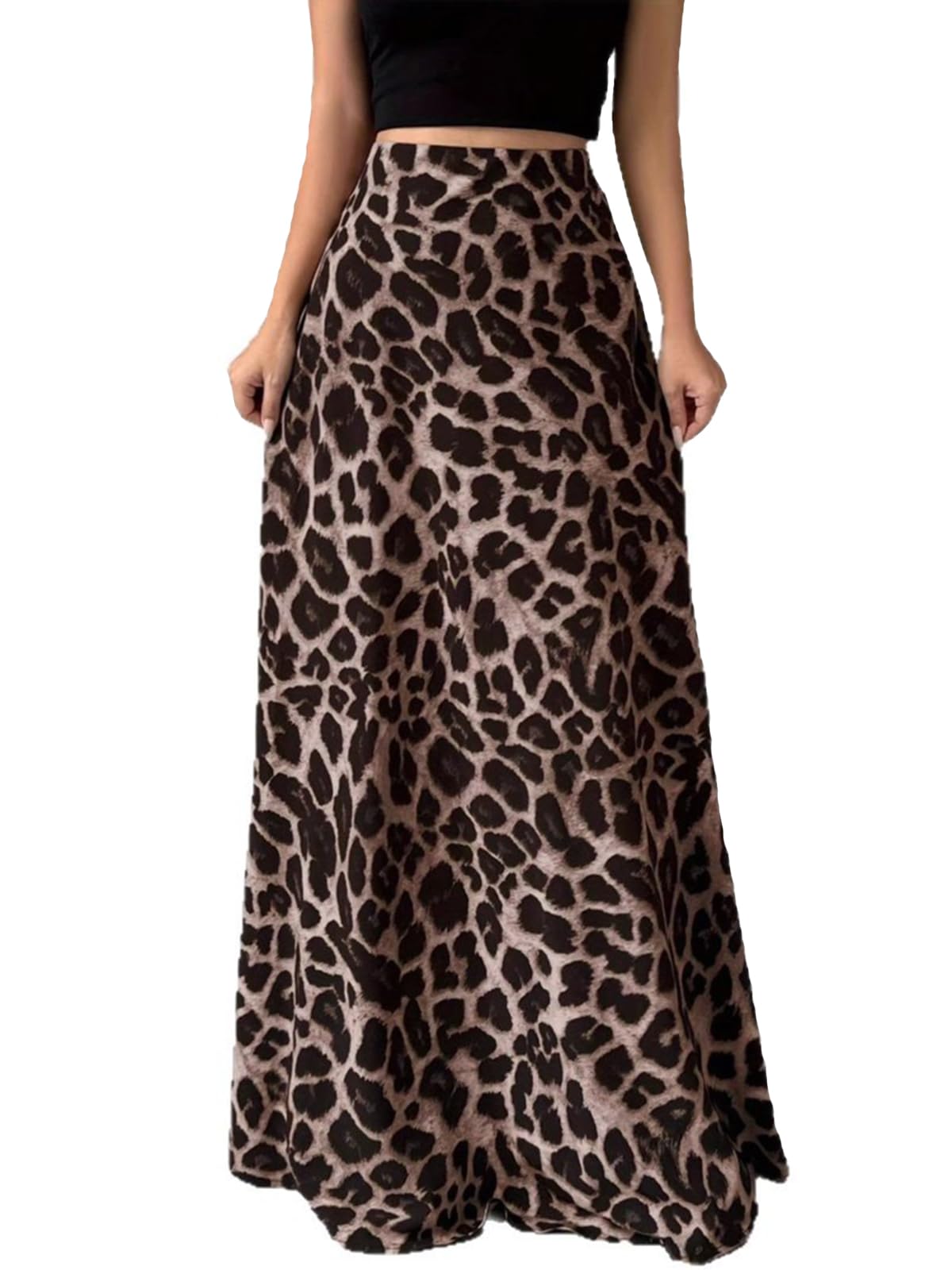 CORIRESHA Womens Wild Elegance Leopard Print Lightweight A-Line High Waist Flowy Maxi Skirt