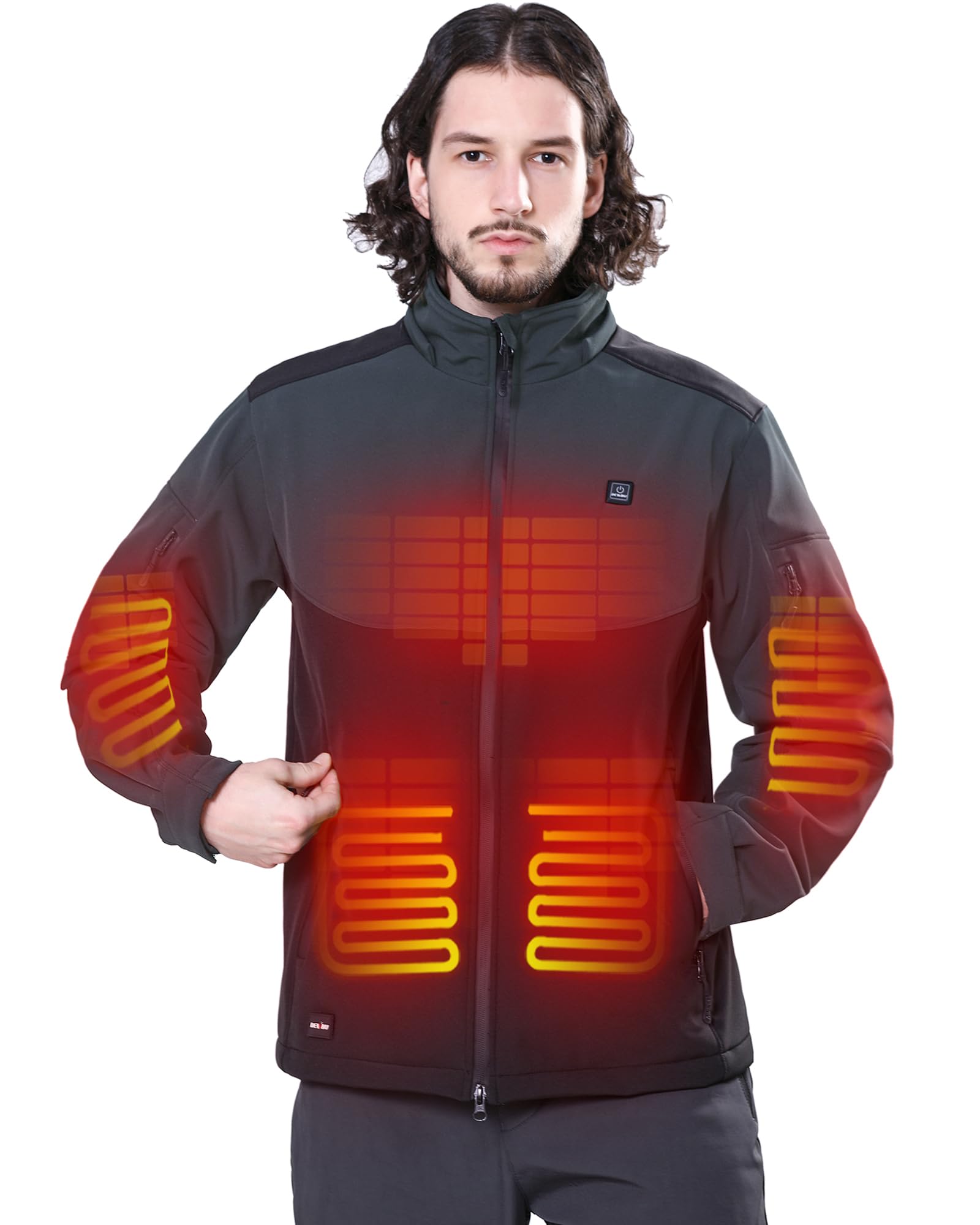 DEWBU Soft Shell Heated Jacket for Men with 12V Battery Pack and Detachable Hood Outdoor Electric Heating Coat