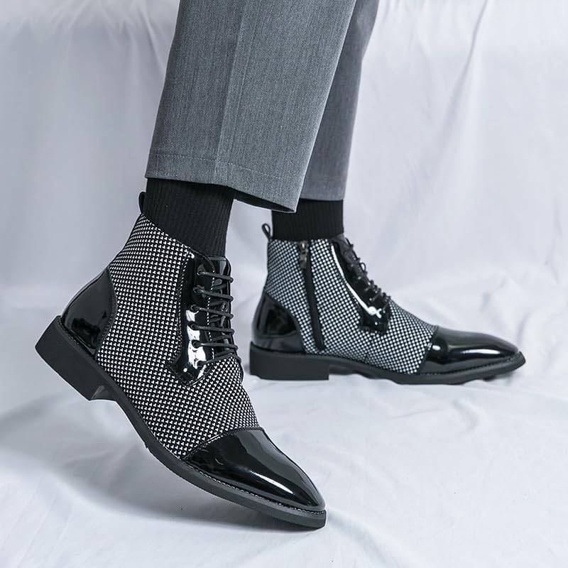 Santimon Men's Patent Leather Lace-Up Oxford Boots Houndstooth Print Zipper Dress Tuxedo Ankle Motorcycle Boots