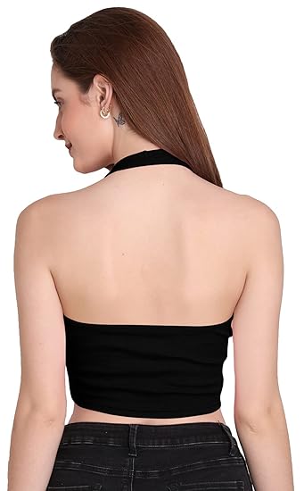 THE BLAZZE 1294 Women's Basic Sexy Solid Halter Neck Slim Fit Sleeveless Crop Top T-Shirt for Women