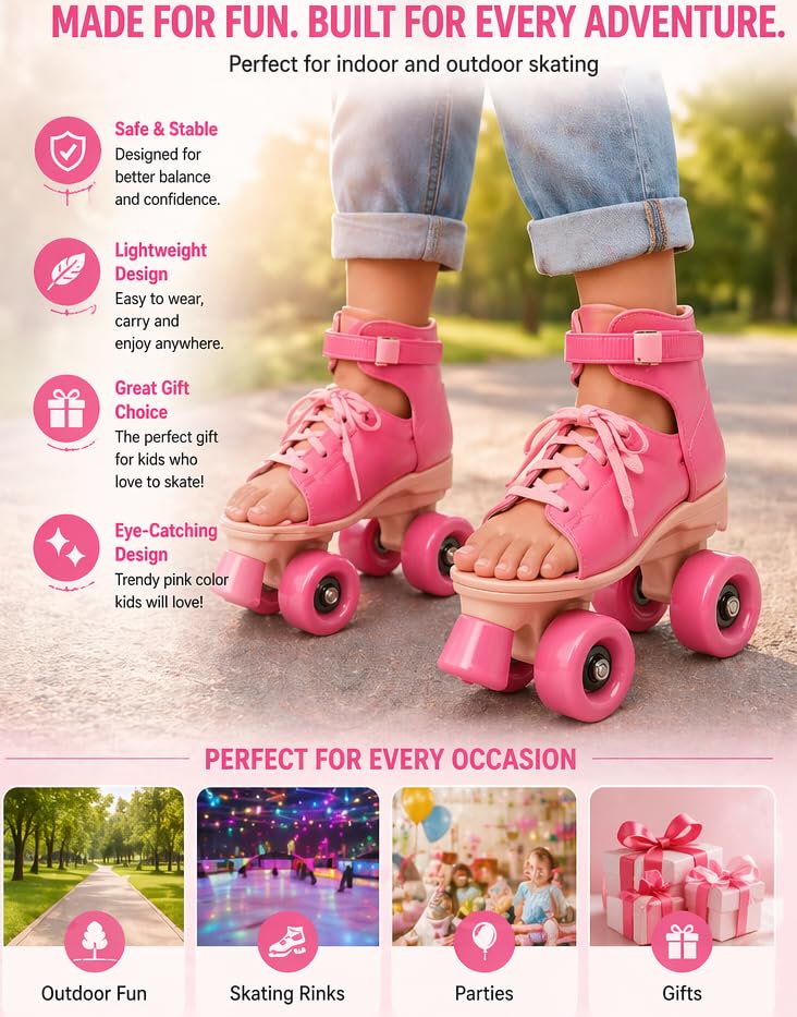Image of KAVANA Adjustable Inline Roller Skates for Kids Girls Age 4-12 | Beginner-Friendly Skating Shoes with Front Brake & Polyurethane Wheels | Skates for Boys & Girls 4+ Years (Multicolor) (Pink)