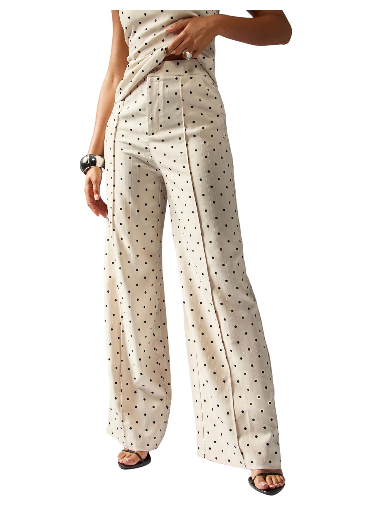 MakeMeChic Womens Polka Dots High Waist Dress PantsWork Office Wide Leg Trousers