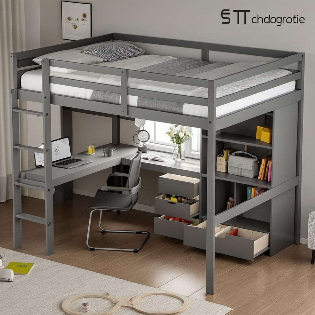 Full Size Loft Bed with Desk & Storage Shelves & Storage Drawers for Kids,Teens,Adults,High Loft Bed with Built-in Ladder & Guardrails,Space Saving,Gray