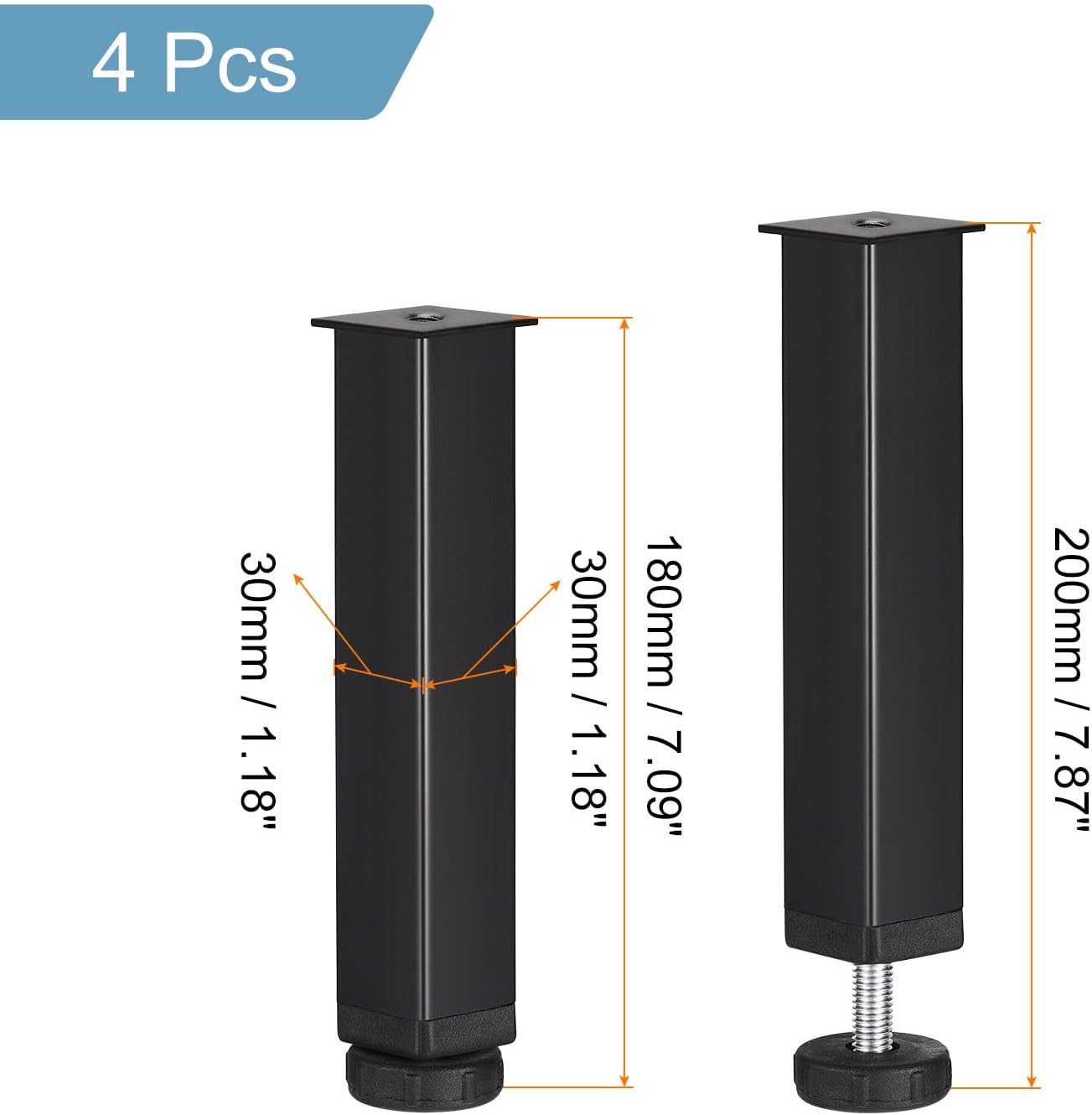 uxcell 4pcs Adjustable Height Bed Frame Support Legs, Bed Frame Center Support Leg Bed Legs Replacement Frame Slat Feet Risers(180mm-200mm/7.1"-7.9") for Furniture Cabinet, Black