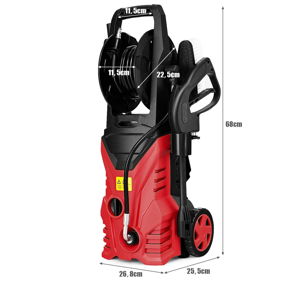 GOPLUS Limpiador de Alta Presión 1400W, 140 Bar, 300 L/H con Boquilla Lotus, Boquilla de Alta Presión, Cepillo y Bote de Lejía, Enrollador de Manguera Flexible, con 2 Ruedas para Coche, (Rojo)