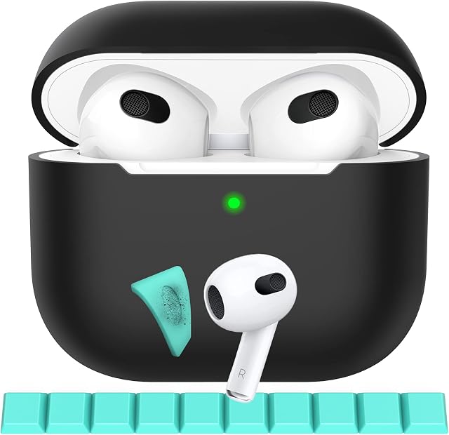 Delidigi for AirPods 3 Case, Soft Silicone Full Protective Cover for AirPods 3rd Generation 2021[with 10 Pieces of Cleaning Putty ] (Black)