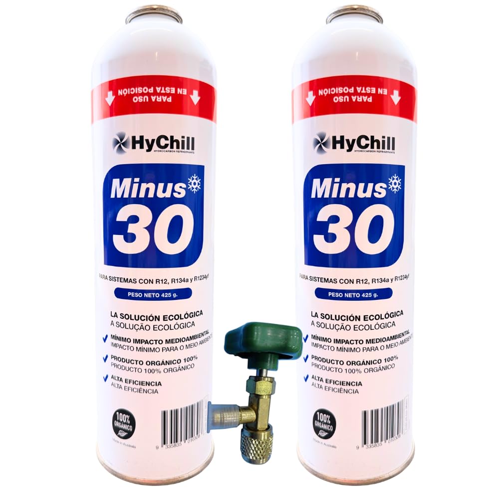 Minus 30 Refrigerante Técnico 995ml 425gr | Gas Ecológico para Aire Acondicionado y Frío Automoción | Alta Eficiencia Uso Profesional (2 ENVASES + LLAVE)