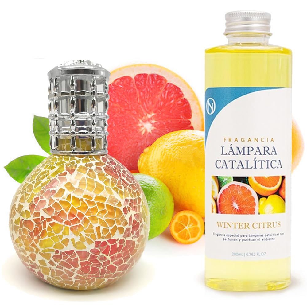 Pack Ahorro Lámpara Catalítica Mosaico Bicolor + Fragancia Aroma Winter Citrus 200ml. Elimina malos olores e impurezas, perfuma y limpia.