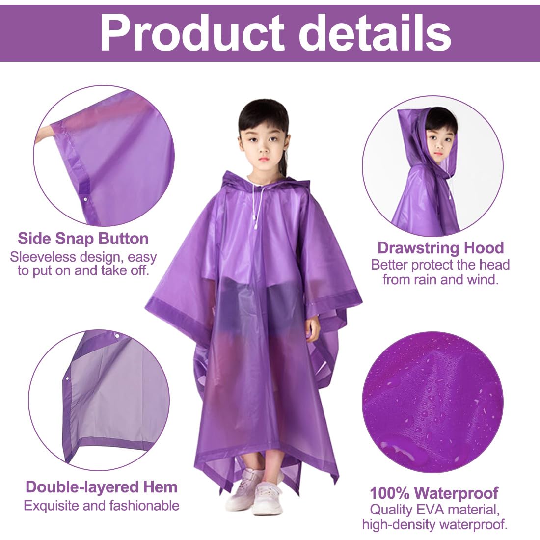 Poncho de Lluvia para Niños, Impermeable de Eva Reutilizable, Capa de Lluvia Transparente Plegable, para Viajes Escolares, Senderismo, Ciclismo Al Aire Libre