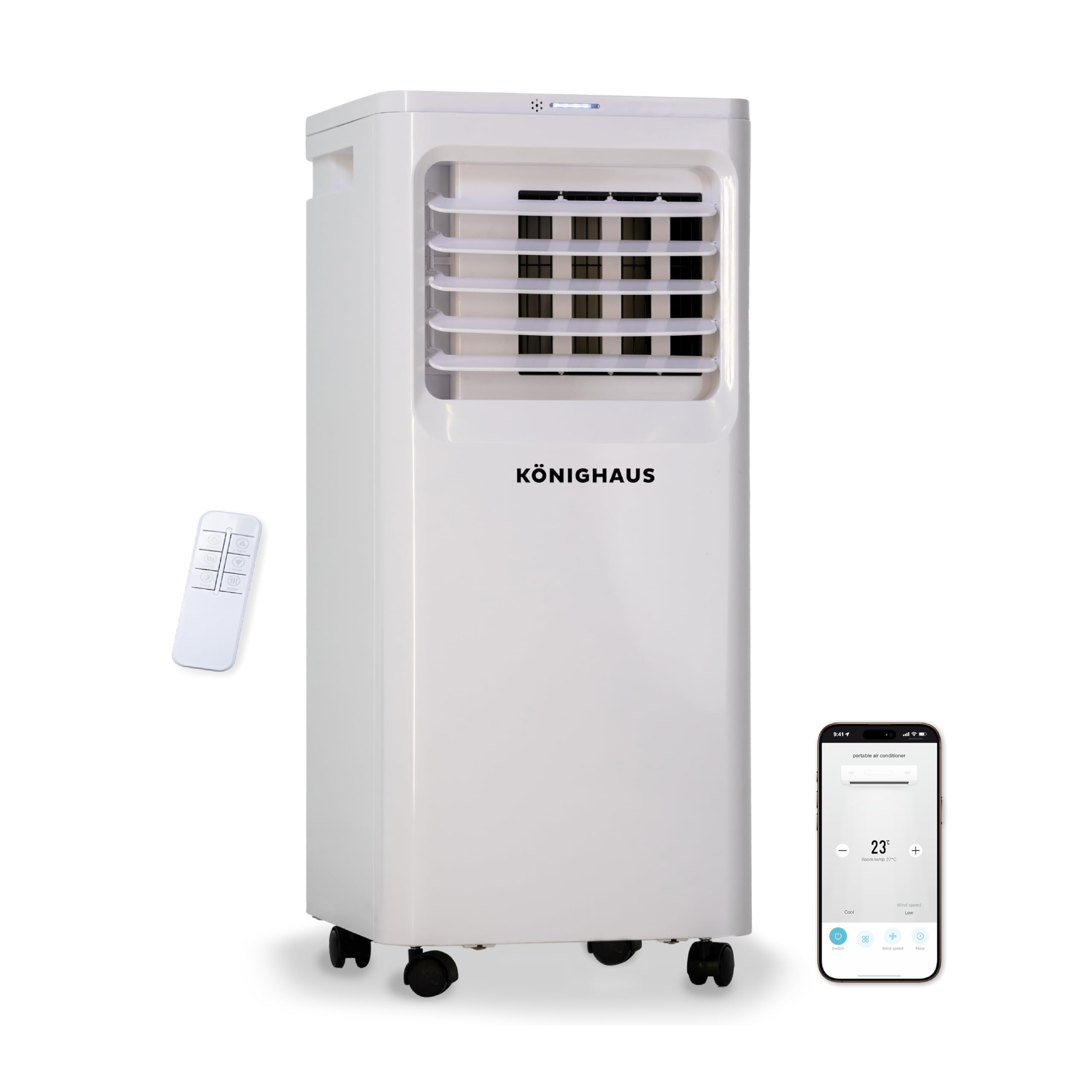 Könighaus Smarte Mobile Klimaanlage 9000 BTU für Räume bis 25m² – 4-in-1 Funktion mit Kühlung, Entfeuchtung, Ventilator und Luftreinigung – energieeffizient (A) – inkl. Fernbedienung und App-Steuerung