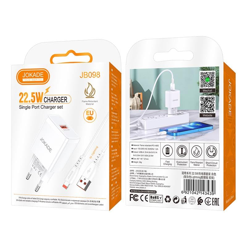 JOKADE 22.5W Fast Charger, Single Port USB Charger Set with Cable