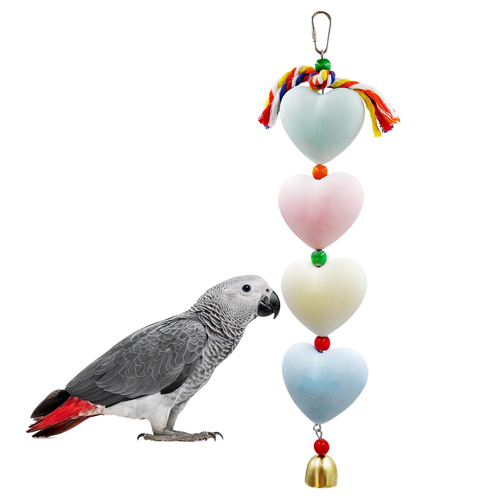 BingegePet Mineral Chew Toy, Heart Shape Colorful Beaded Bird Toys with Bells | Beak Grinding & Foraging Enrichment for African Grey, Amazon Parrots, Budgies, Cockatiels, Conures