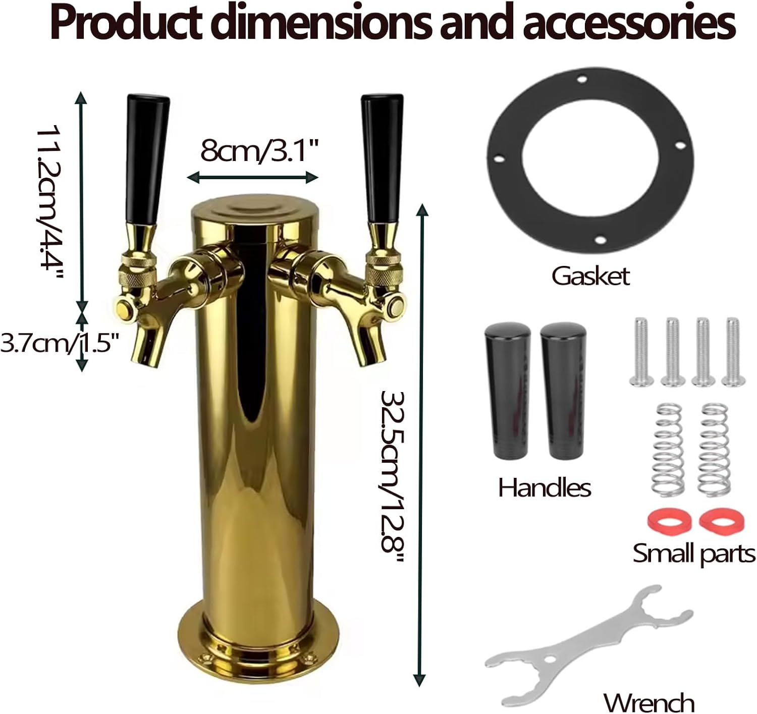 Draft Beer Dispensing Tower, 2 Faucets Stainless Steel Kegerator Tower, Polished Beer Conversion Kit, As A Gift for Father's Day, Gold
