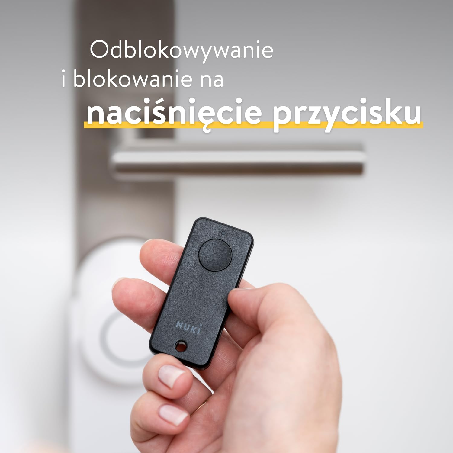 Nuki Fob, elektryczny otwieracz drzwi, blokowanie przyciskiem, rozszerzenie do Nuki Smart Locka, zamek elektroniczny, automatyczny otwieracz drzwi, brelok bluetooth, Nuki Smart Home
