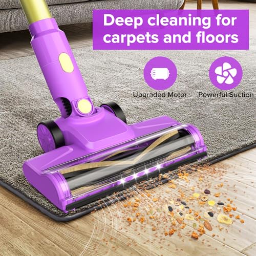 Belife Cordless Vacuum Cleaner for Home, Lightweight Stick Vacuum with Self-Standing, Rechargeable Wireless Vacuum with LED Screen & Anti-Tangle for Hardwood Floor, Pet Hair, Carpet (Purple)