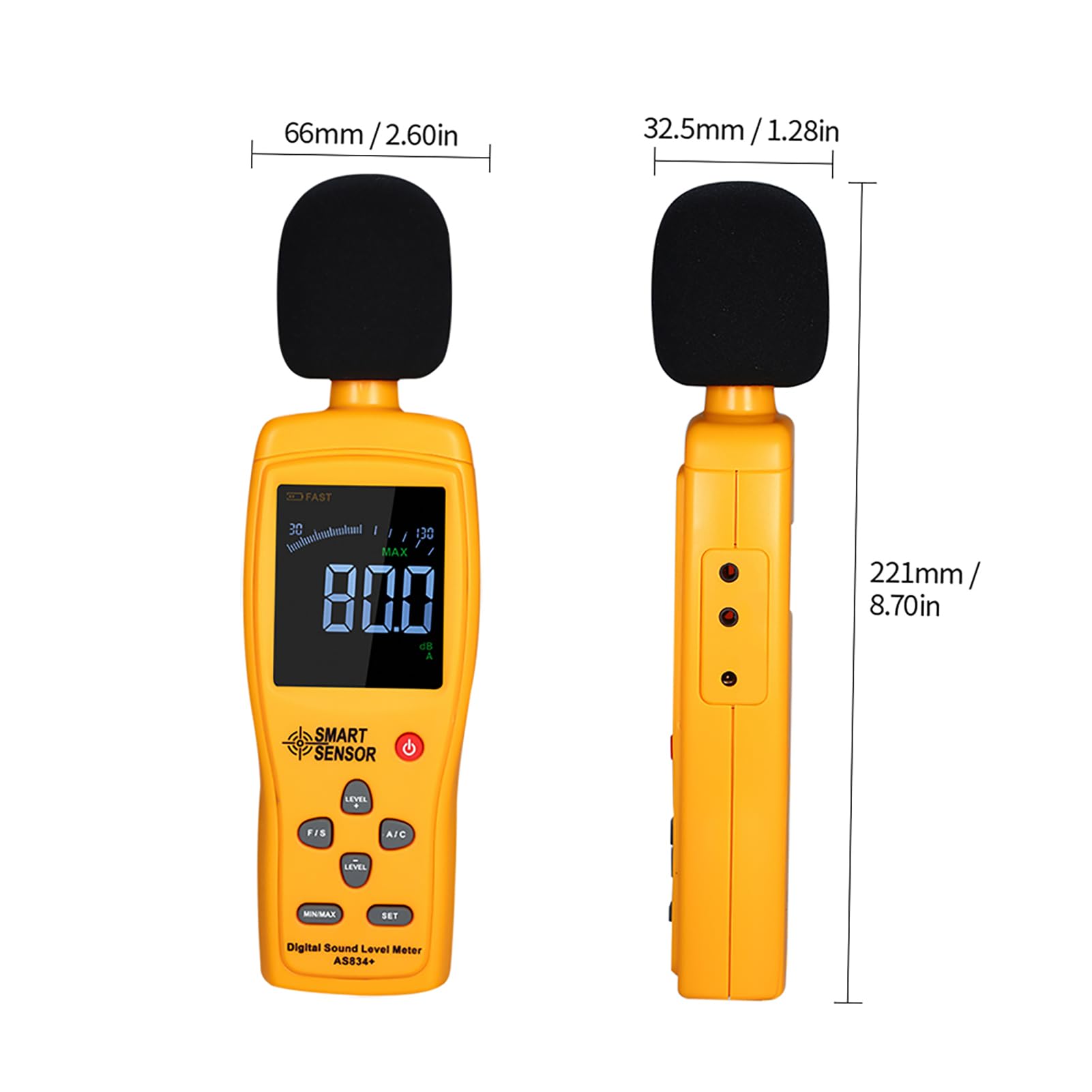 Sonómetro digital e instrumento de medición del volumen de ruido - Rango de 30 a 130 dB - Resolución de 0,1 dB con precisión de 1,5 dB - Ponderación A y C - Pantalla LCD de 2,7