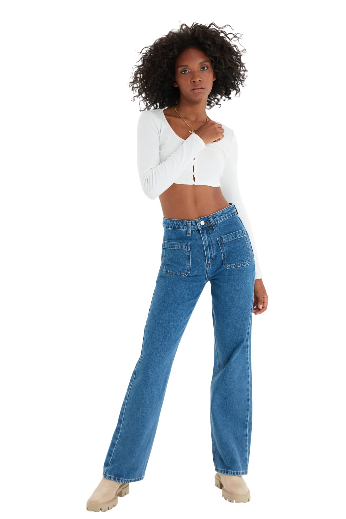 Trendyol Damen Blau Blue Mobile Detailed High Waist 90'S Wide Leg Jeans, 38 Eu