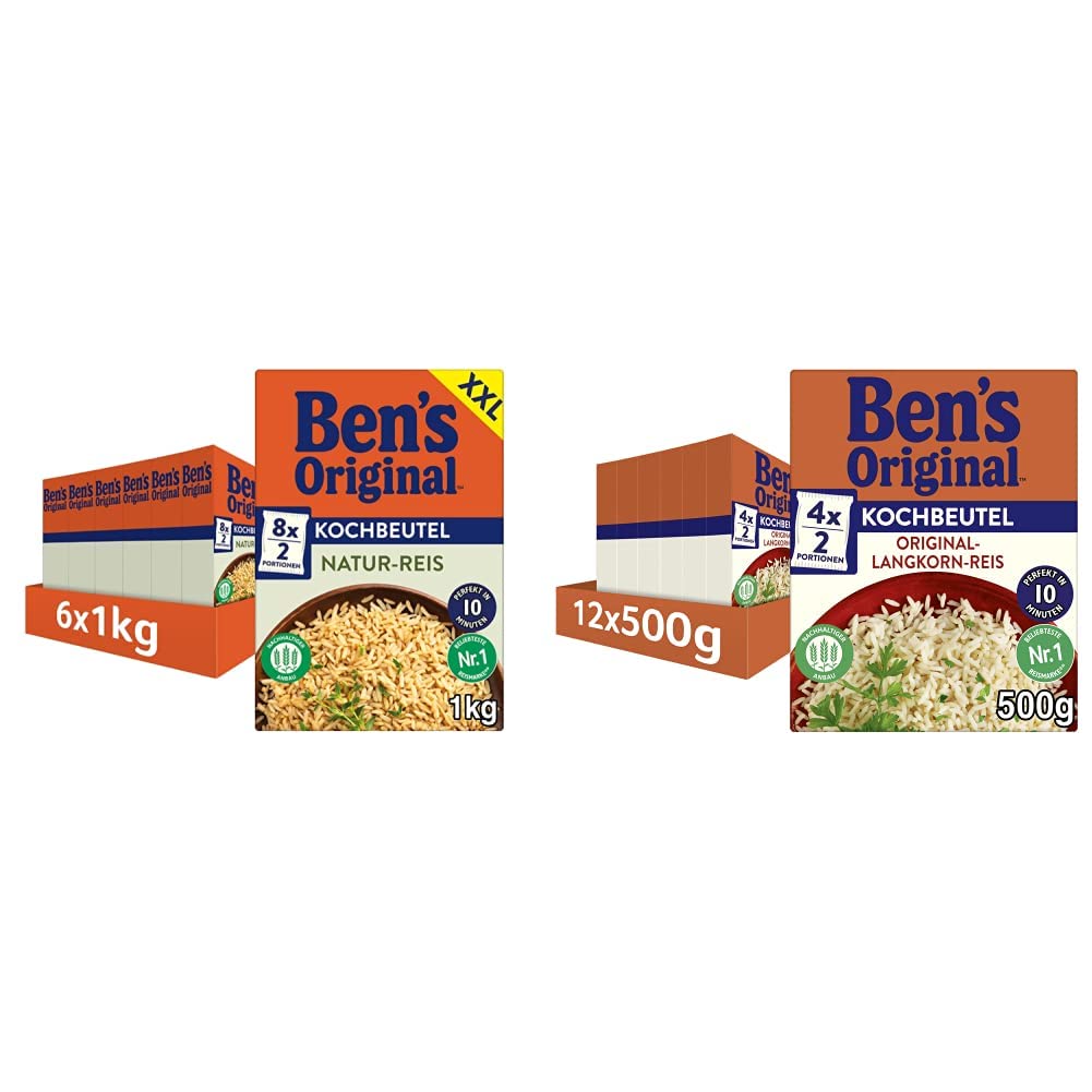Ben's Original Natur Reis, 10-Minuten Kochbeutel, 6 Packungen (6 x 1kg) & Ben's Original Original Langkorn Reis, 10 Minuten Kochbeutel, 12 Packungen (12 x 500g)