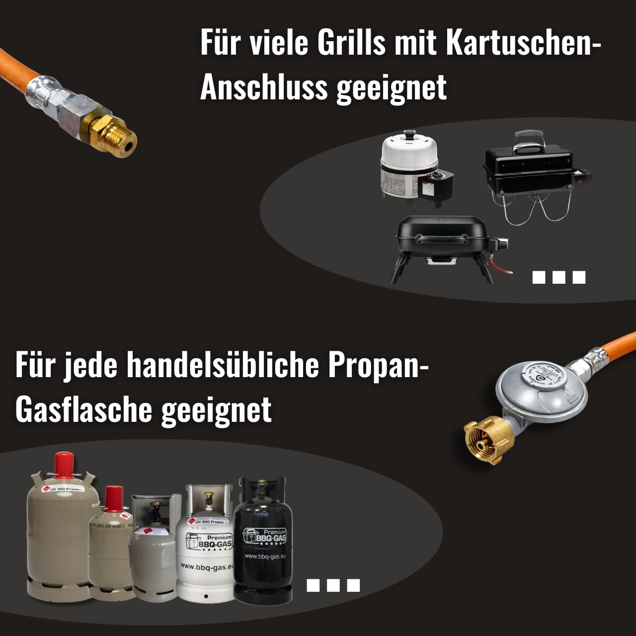Bluecraft Umrüstset von Schraub Gas Kartusche auf Gasflasche für Gasgrills mit EN417 Schraubkartuschenanschluss Gasdruckminderer 50 mbar Gasschlauch 100cm