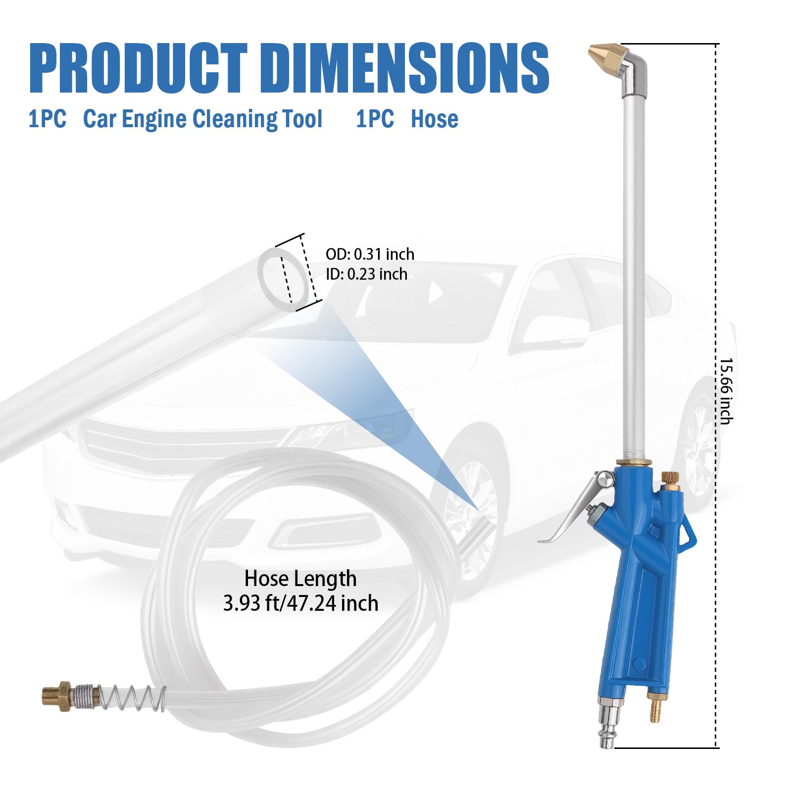Pistolet de nettoyage pour moteur à air comprimé avec tuyau de 1 m, pistolet pulvérisateur pneumatique coudé pour nettoyage de détail de la poussière du moteur de voiture, pistolets à air long