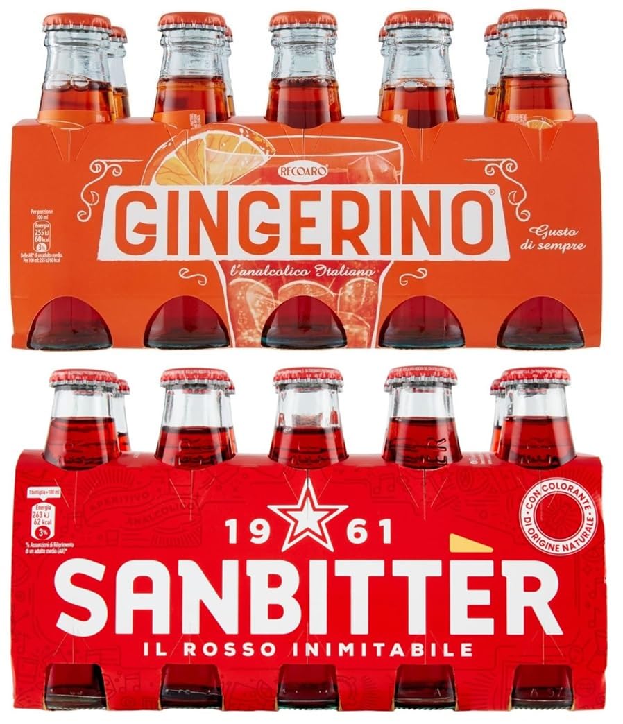 Lot de 20 sachets de test San Bitter Rosso + Gingerino Recoaro Boisson rafraîchissante sans alcool, apéritif italien, Ginger Bouteille en verre jetable 10 cl
