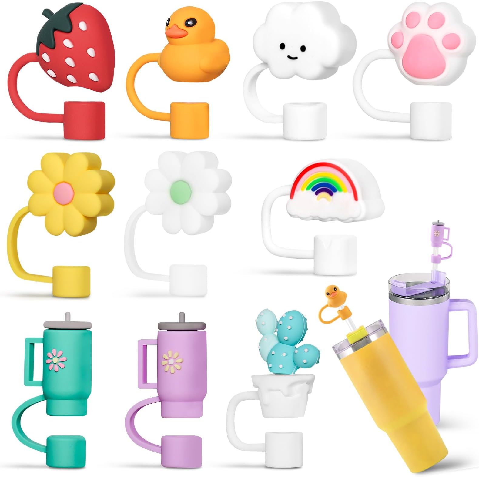 10pcs Silicone Straw Covers for Stanley 30&40 Oz Tumbler, Eco-friendly, Multi-design, Reusable Straw Plugs