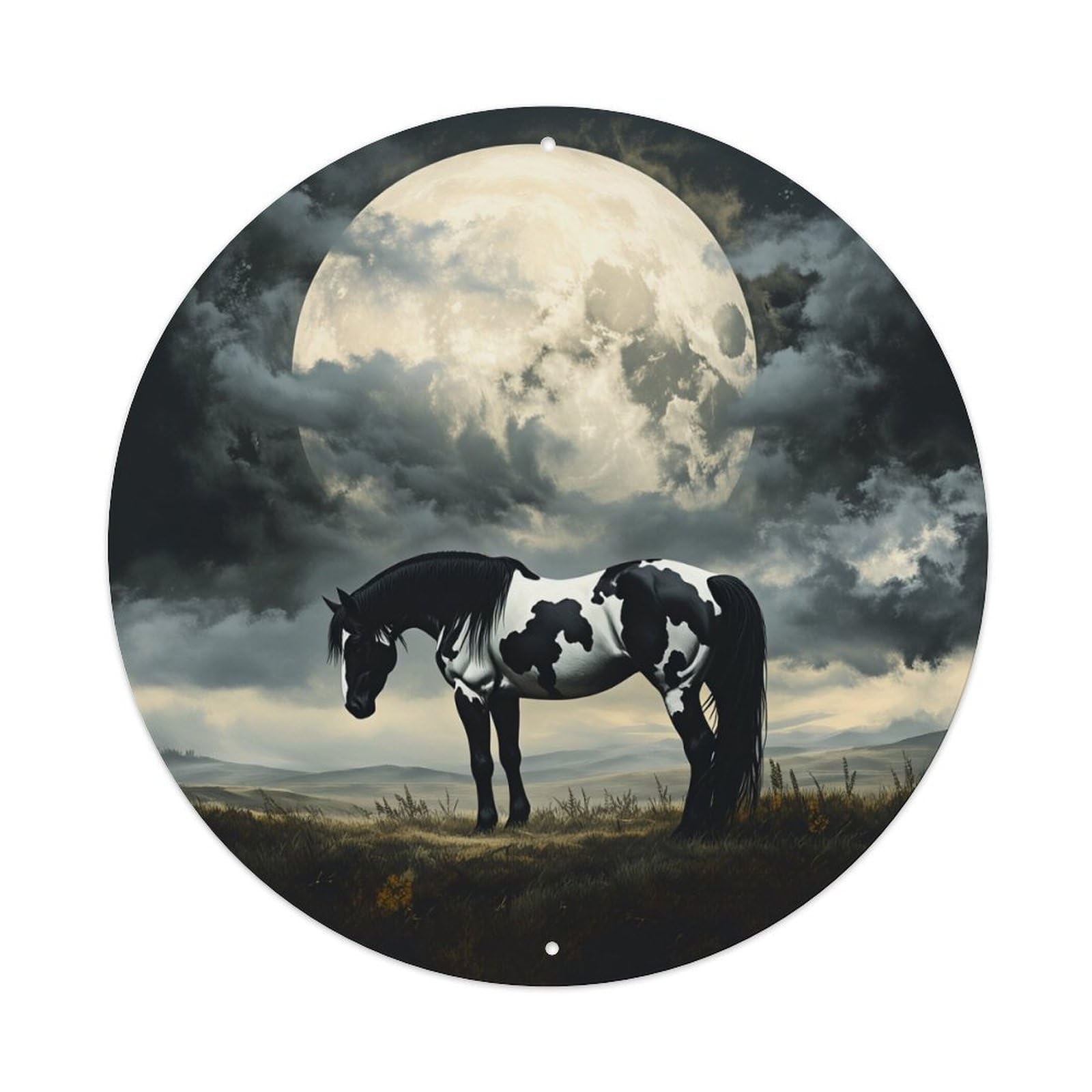 Moonlit Horse Pattern Print Round Tin Sign Vintage Metal Poster, Home Bar Garage Man Cave Cafe Indoor & Outdoor Wall Decoration 8x8Inches