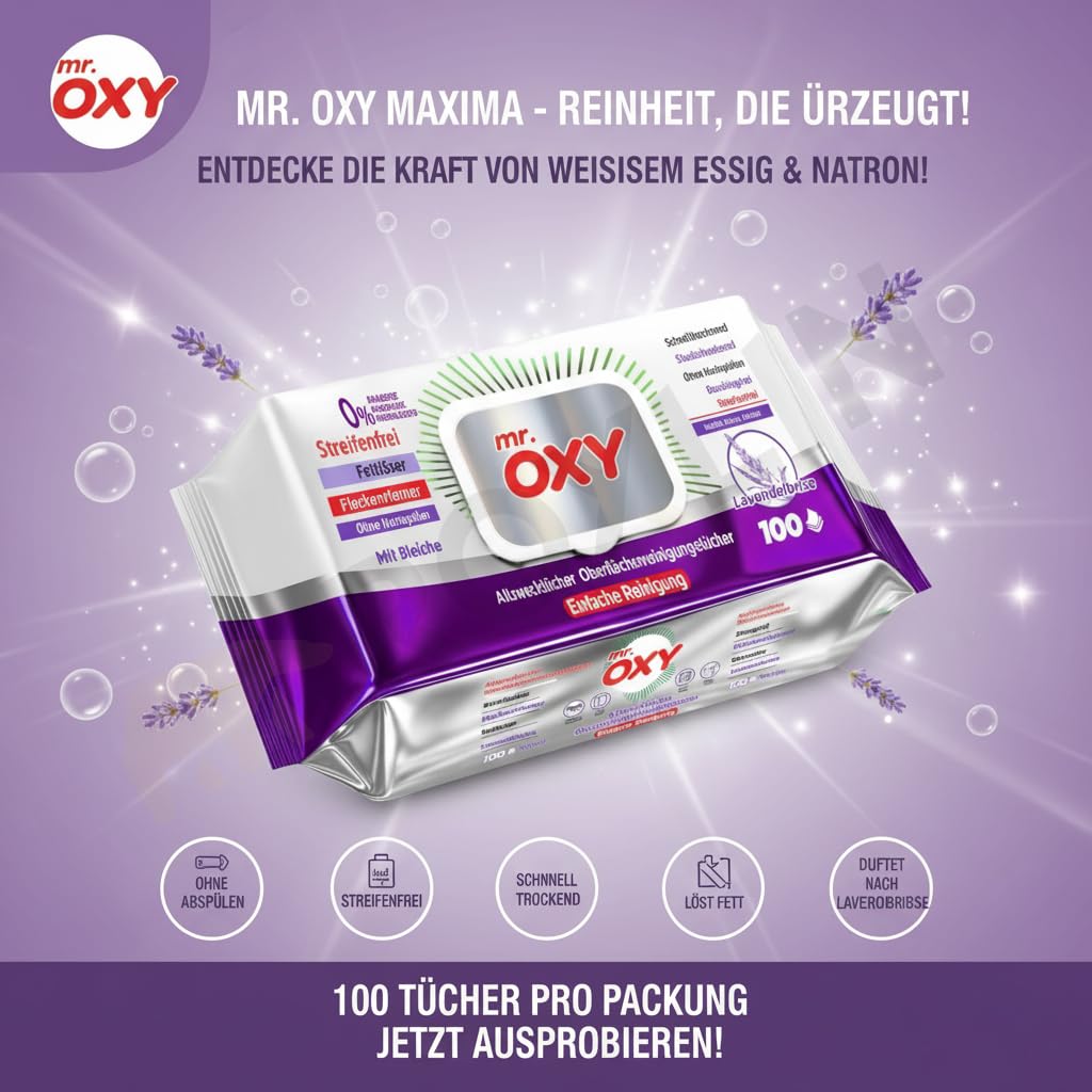 Mr. OXY Maxima Allzweck-Reinigungstücher – Streifenfrei, Fettlösend, Schnell Trocknend, Duft nach Lavendelbrise – Mit Weißem Essig & Natron – Ohne Nachspülen, Einfache Reinigung (Gross Mix #2)