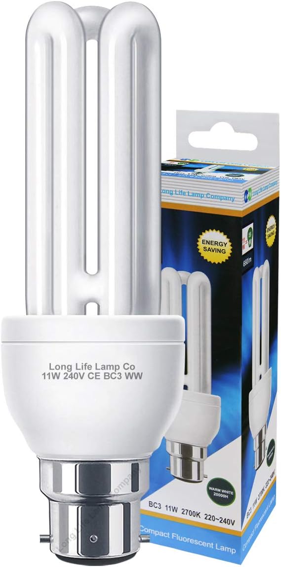 3 Pin BC3 Light Bulb CFL 11w Equivalent 55w Warm White 2700k Energy Saving Compact Fluorescent 240v [Energy Class A]