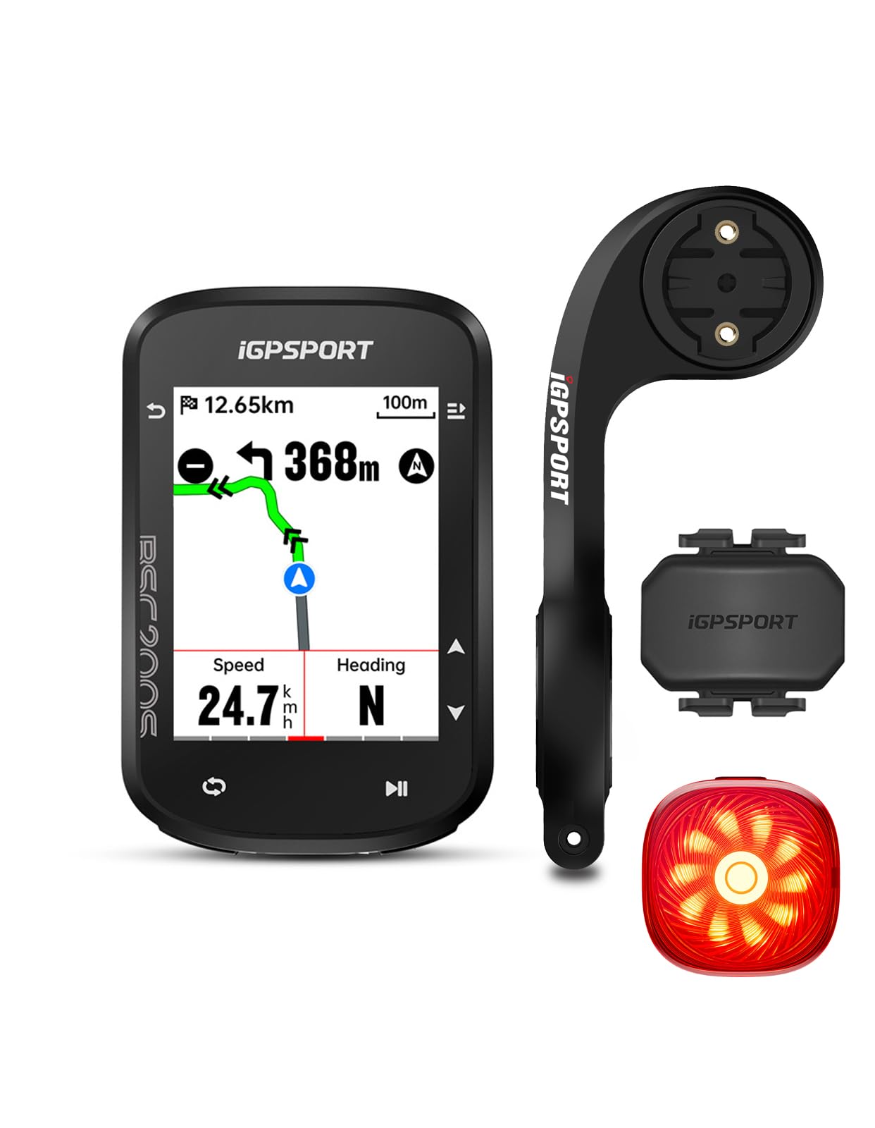 iGPSPORT BSC200S Compteur Velo sans Fil et TL50 Feu Arriere Velo Lumiere Velo et CAD70 Capteur de Cadence et M80 Support de Vélo