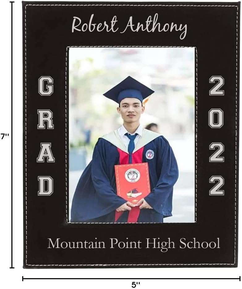 Personalized Graduate Class 2024 2025 2026 2027 2028 - Faux Leather Hanging/Tabletop Remembrance Celebration Memory Leatherette Photo Picture Student Graduation Black Frame (5x7-inch Vertical)