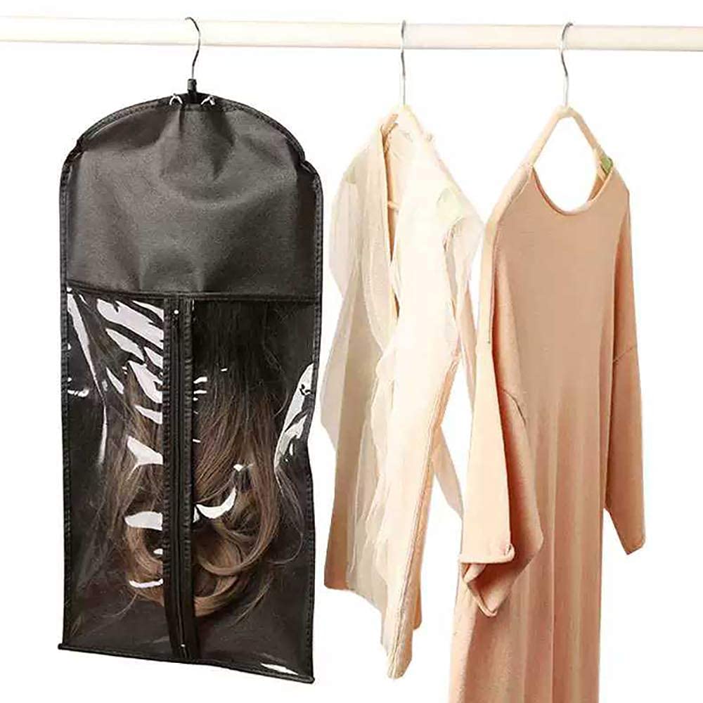 10pcs Staubdicht Perücken Aufbewahrungsbeutel Haarverlängerungen Tasche mit Aufhänger Haken Set (Schwarz)