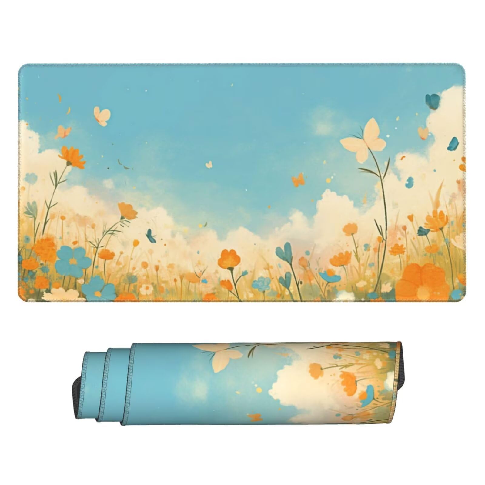 Gaming Mauspad XXL 1200x600x3mm Mousepad Verlängertes Groß Mauspad Schreibtischauflage,Genähte Kanten Rutschfeste Gummibasis,Verbessert Präzision Geschwindigkeit Home Office Kleine gelbe Blumen L-2992