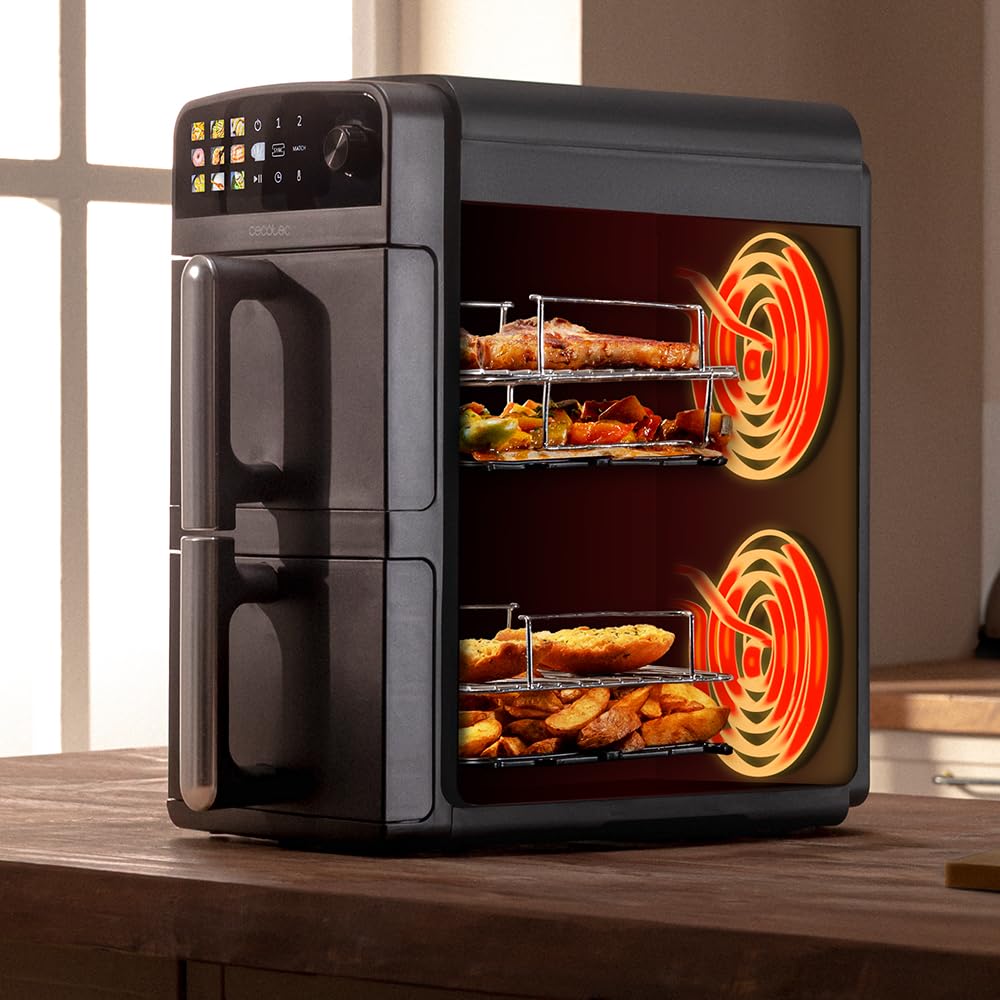 Cecotec Friteuse à Air de 10L avec Cuves Superposées Cecofry DuoLevel 10000. 2400W, Cuves de 5L, Contrôle Tactile, 6 Programmes Préconfigurés pour une Cuisson Rapide et Saine | Cuves superposées de 5 litres, contrôle tactile, 6 programmes préconfigurés, c