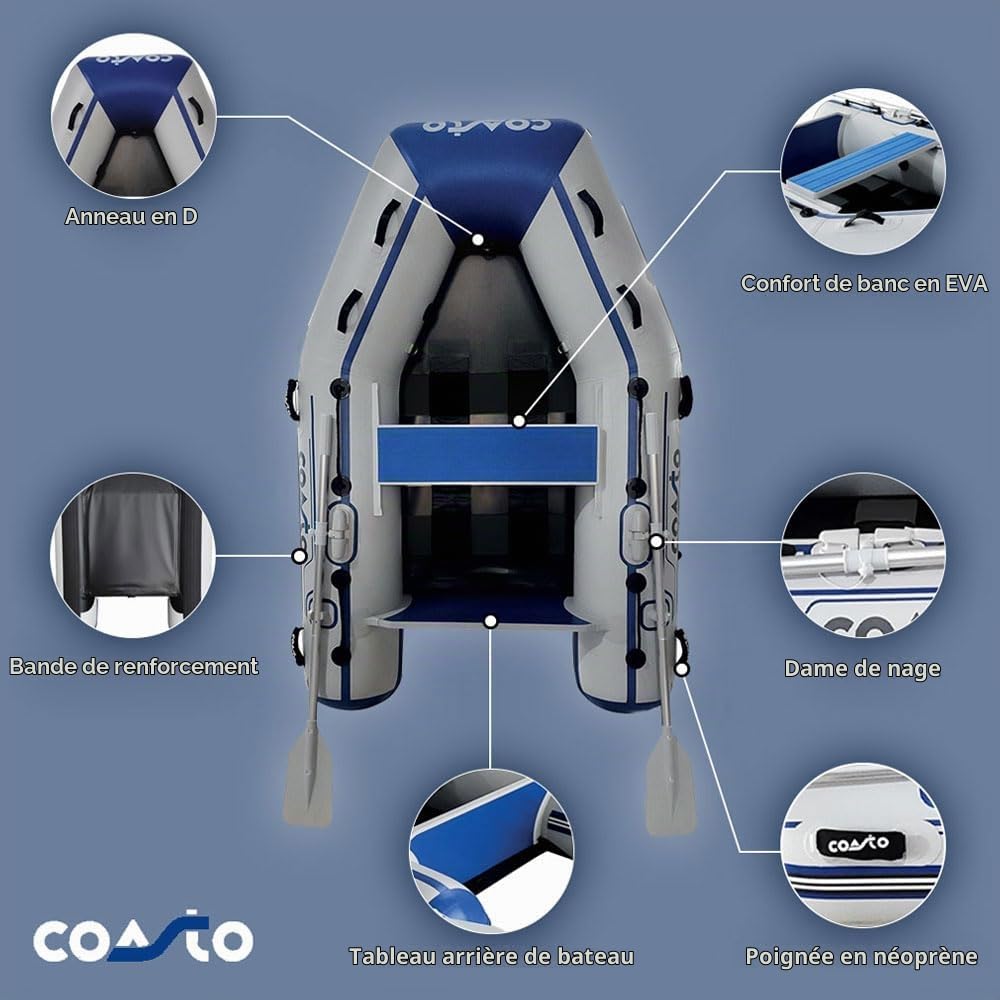 Coasto - Annexe Gonflable Slat 230 - BT-CSL230C Bateau Pneumatique Plancher Latte Carbone - 3 Places, 230x130cm - Design, Confort, Solide - Pack 2 Pagaies, Pompe et Sac de Transport - White Blue