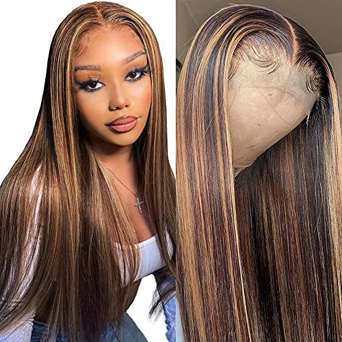 4/27 Highlight Human Hair Wigs Glueless 13x4 Lace Front Wigs Straight Hair Wigs VIPbeauty Ombre Brown Blonde Colored Brazilian Virgin Human Hair Wig for Black Women(16 Inch)
