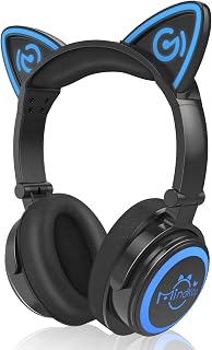 MindKoo Cat Ear Bluetooth Headphones with Microphone, LED Light Up Over Ear Headphones, Volume Control and Foldable Headset for Tablet/PC/iPad/Cell Phones, Gift for Kids Boys & Girls
