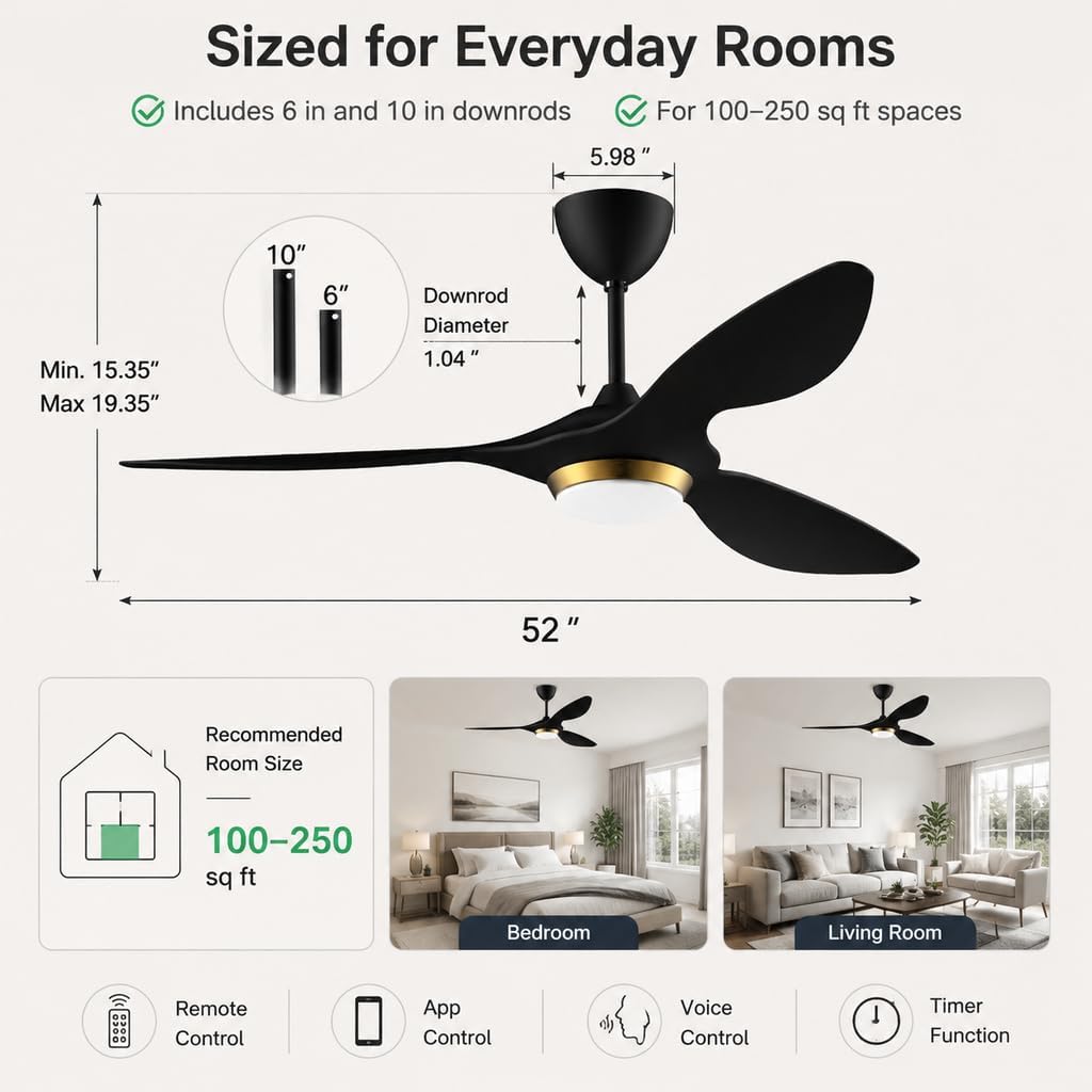 reiga 52" Black Smart Ceiling Fan with Light, Quiet DC Indoor Fan image 3
