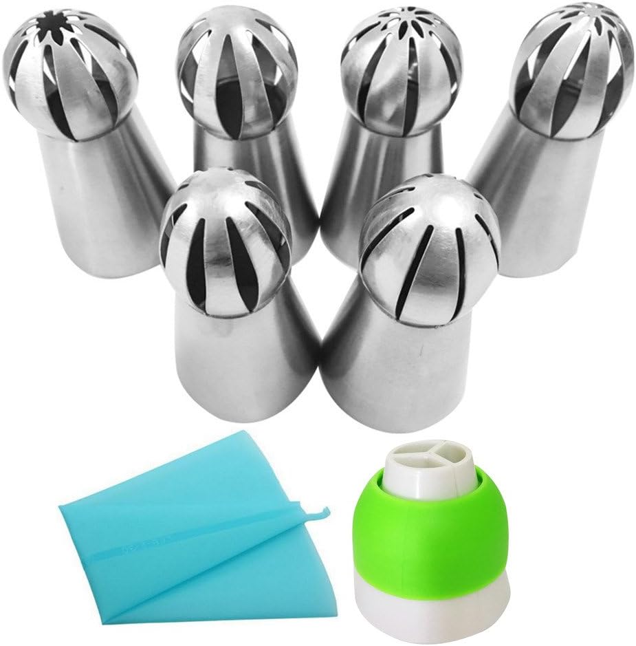 Russian Piping Tips Set- 6pcs Sphere Ball Tips + 1 Tri-color Coupler + 1 Reusable Pastry Bag - Large Size Baking Tool for Cake Cupcake Decoration