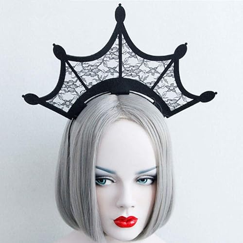 Miniatura 3 de Lurrose Diadema de encaje negro Queen para Halloween, tiara corona, aro para el cabello, cosplay, fiesta, accesorios para el cabello para mujer