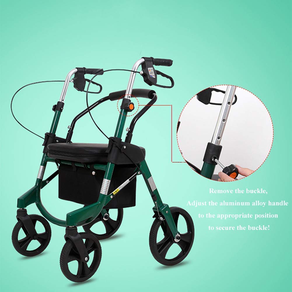 Deambulatore Pieghevole a Quattro Ruote con Sedile Imbottito Freni bloccabili Maniglie ergonomiche Borsa per Il Trasporto Leggero Aiuto per la Mobilità Limitata