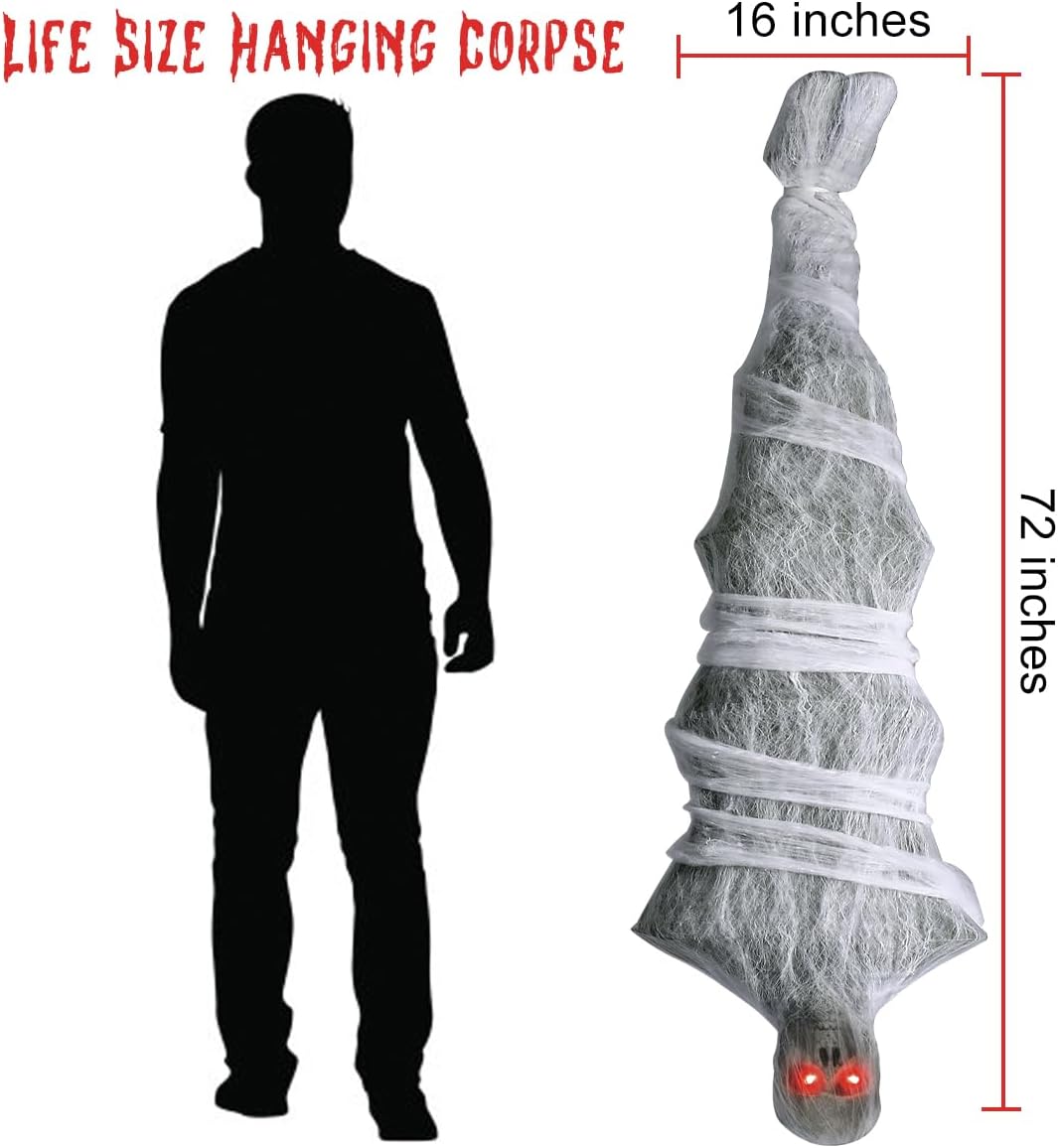 Halloween Decorations, 72 Inch Hanging Cocoon Corpse Props with Lighted LED Red Eyes and Spooky Sound Effect, Scary Halloween Party Decorations for Outdoor Garden Lawn Indoor