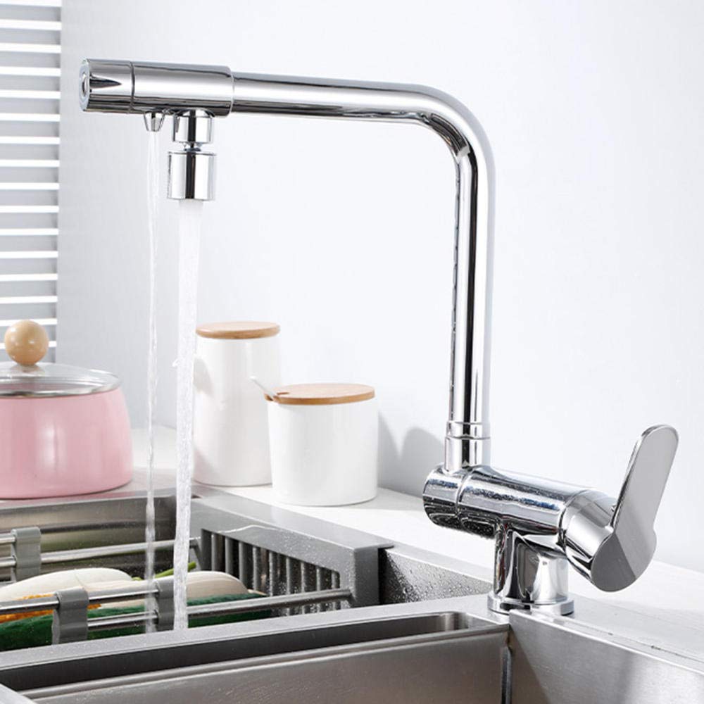 Grifo de Cocina 3 Vias para Osmosis Plegable Caliente y Fría Rotación 360 ° Latón 2 Modos Agua Potable Directa Grifos de Cocina Cromado