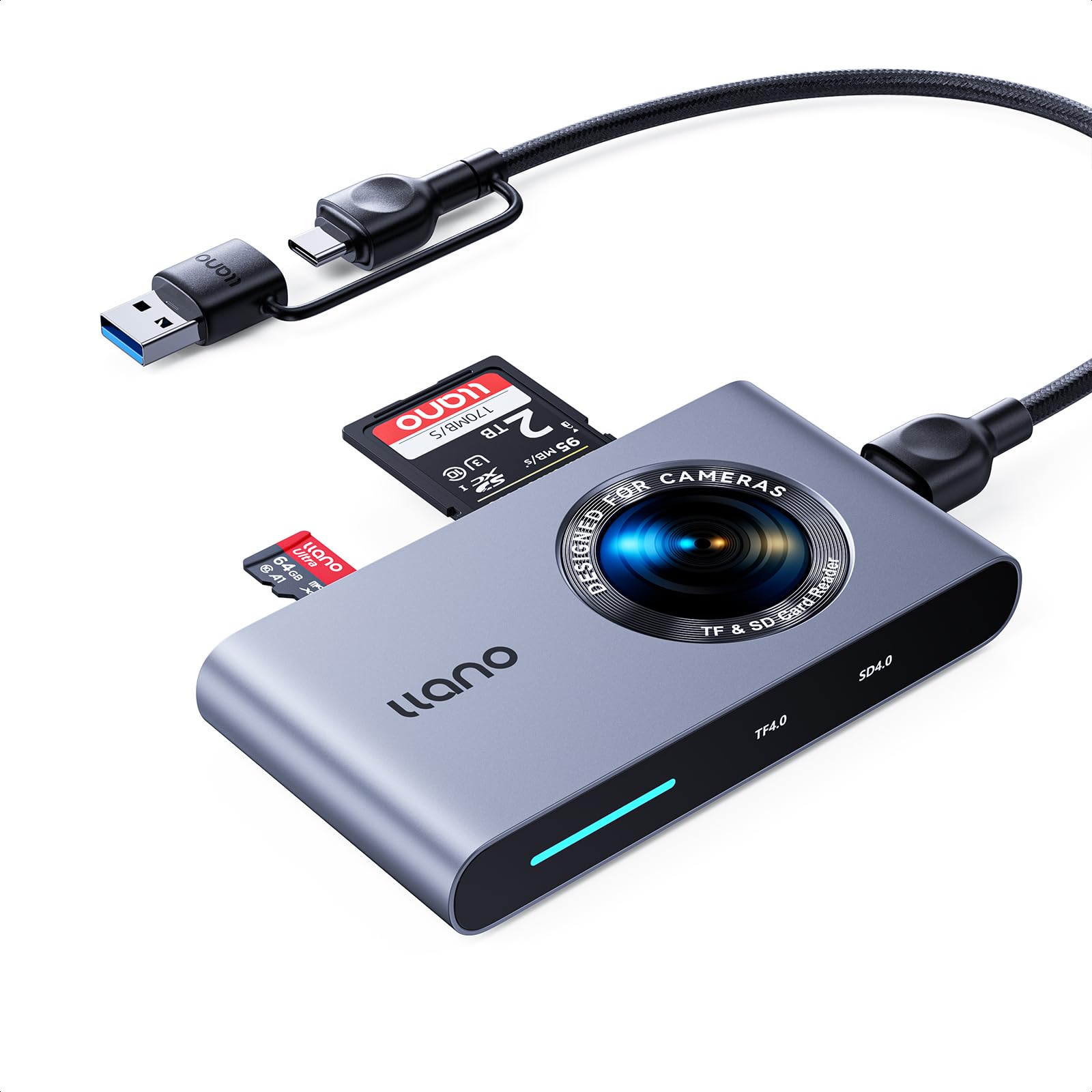 Llano 2-in-1 USB-C card reader connected to a laptop, with an SD card and a Micro SD card inserted.