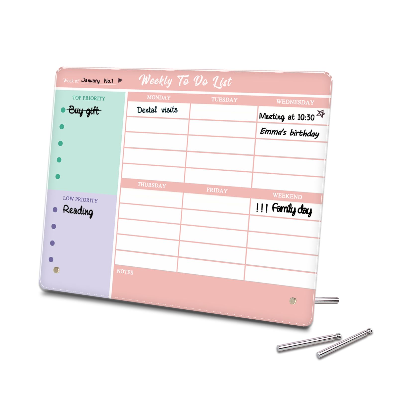 Aitakatta Desktop Thickened Acrylic Dry Erase Weekly To Do List, 11.8"x9.8" Colorful Whiteboard with Stand, Frameless Weekly Planner for Office/School