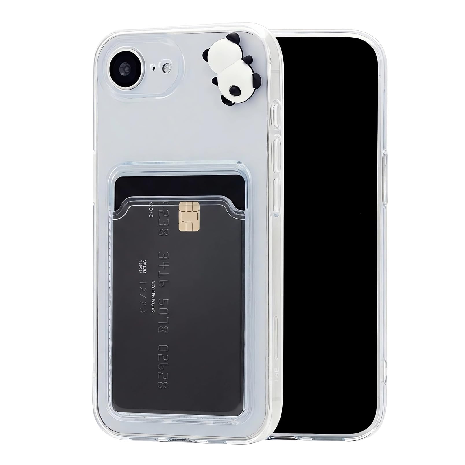 Chengyuanfeng Cover Trasparente per iPhone 16e con Porta Carte, Custodia Ultra-Sottile 1,5 mm in TPU Antigiallo Antiurto, Minimalista Portafoglio con 3D Panda Applicato a Mano, per Studenti e Campus
