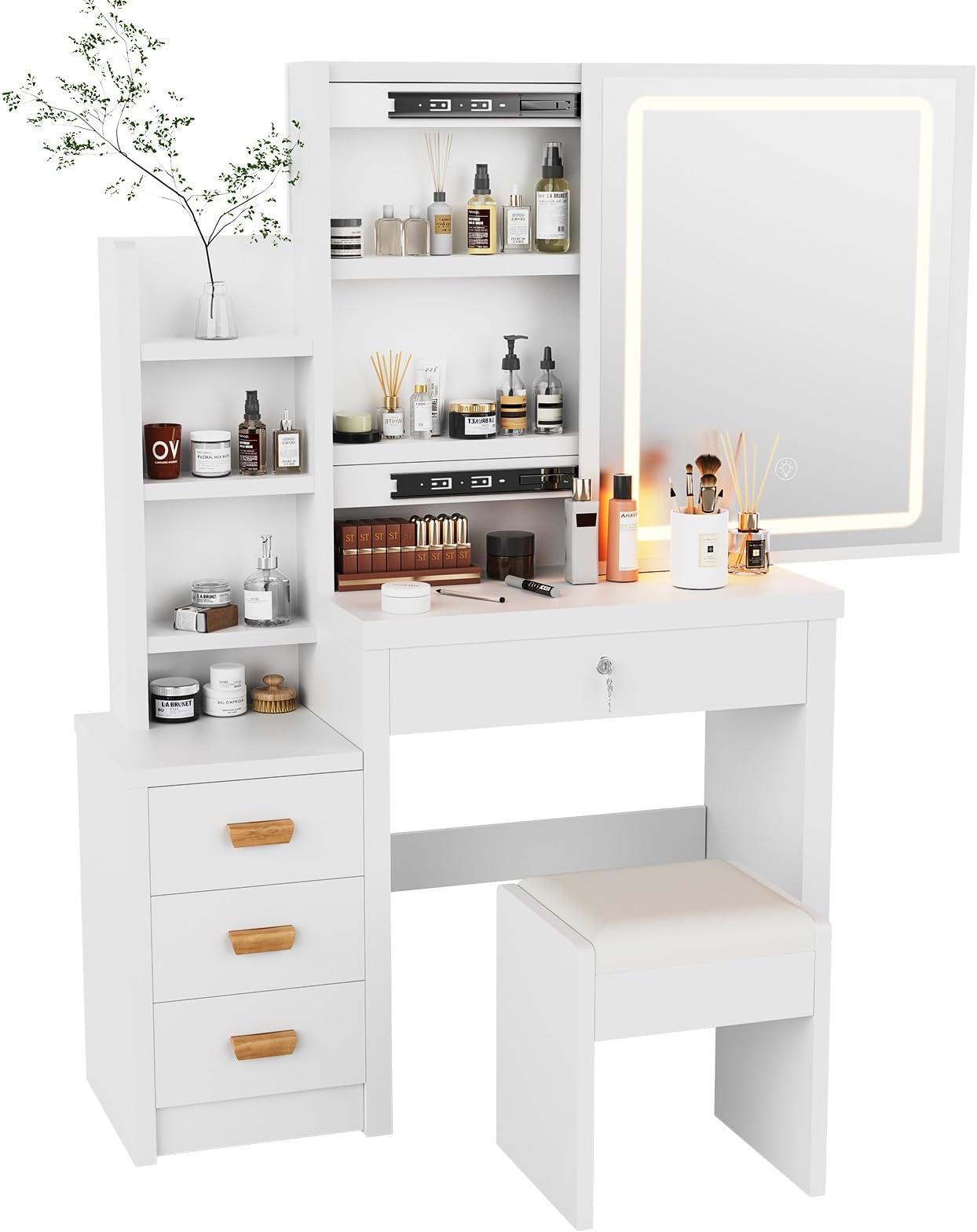 Dressing Table with Mirror and Stool, Vanity Table with LED Lights and Adjustable Brightness, Vanity Desk with Mirror, Makeup Desk with 4 Drawers and 3 Storage Shelves for Girls Bedroom, White