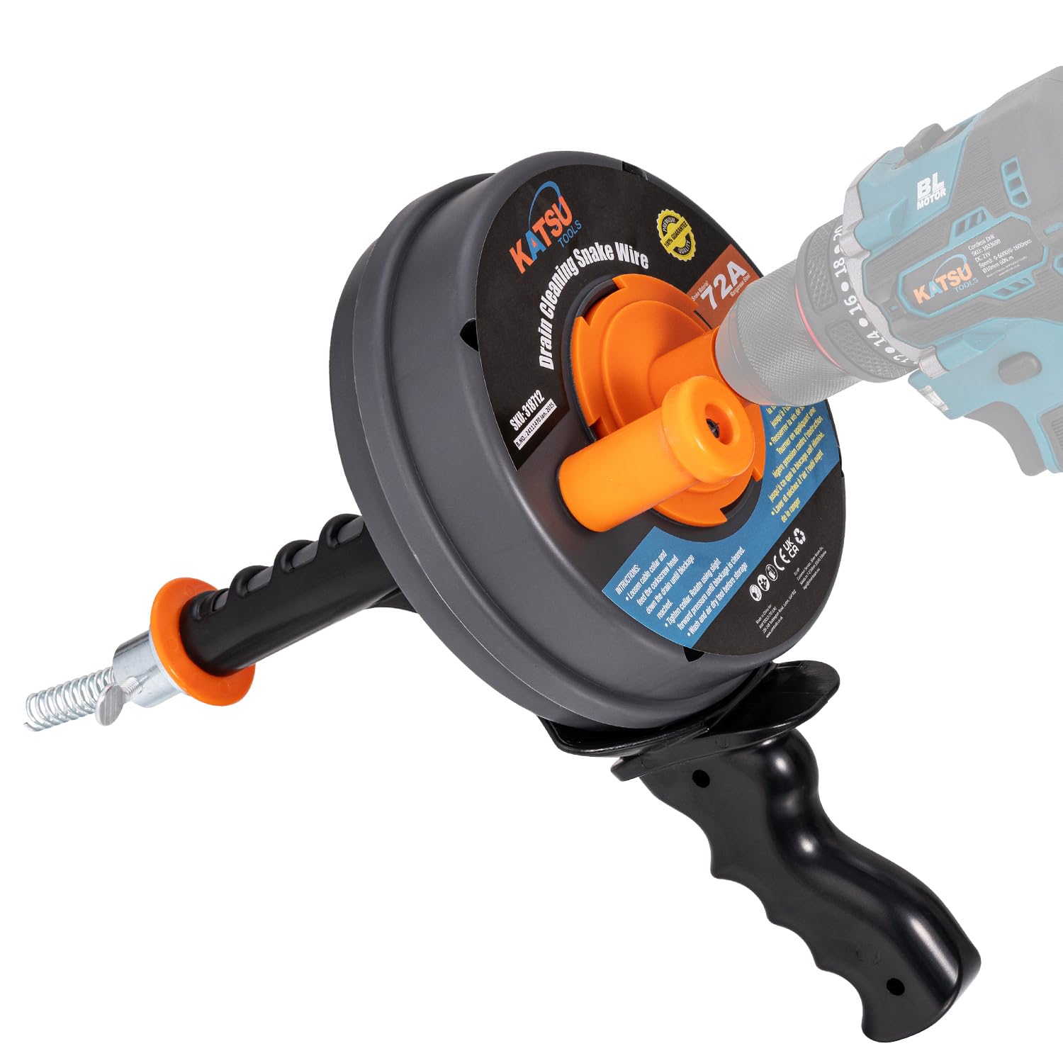 KATSU Tools Drum Auger Plumbing Snake Wire 6.35mm x 7.5m, Use Manually or Drill Powered, Drain Clog Unblocker Auger, for Kitchen Sink, Bathtub and Drainage Pipe 318712