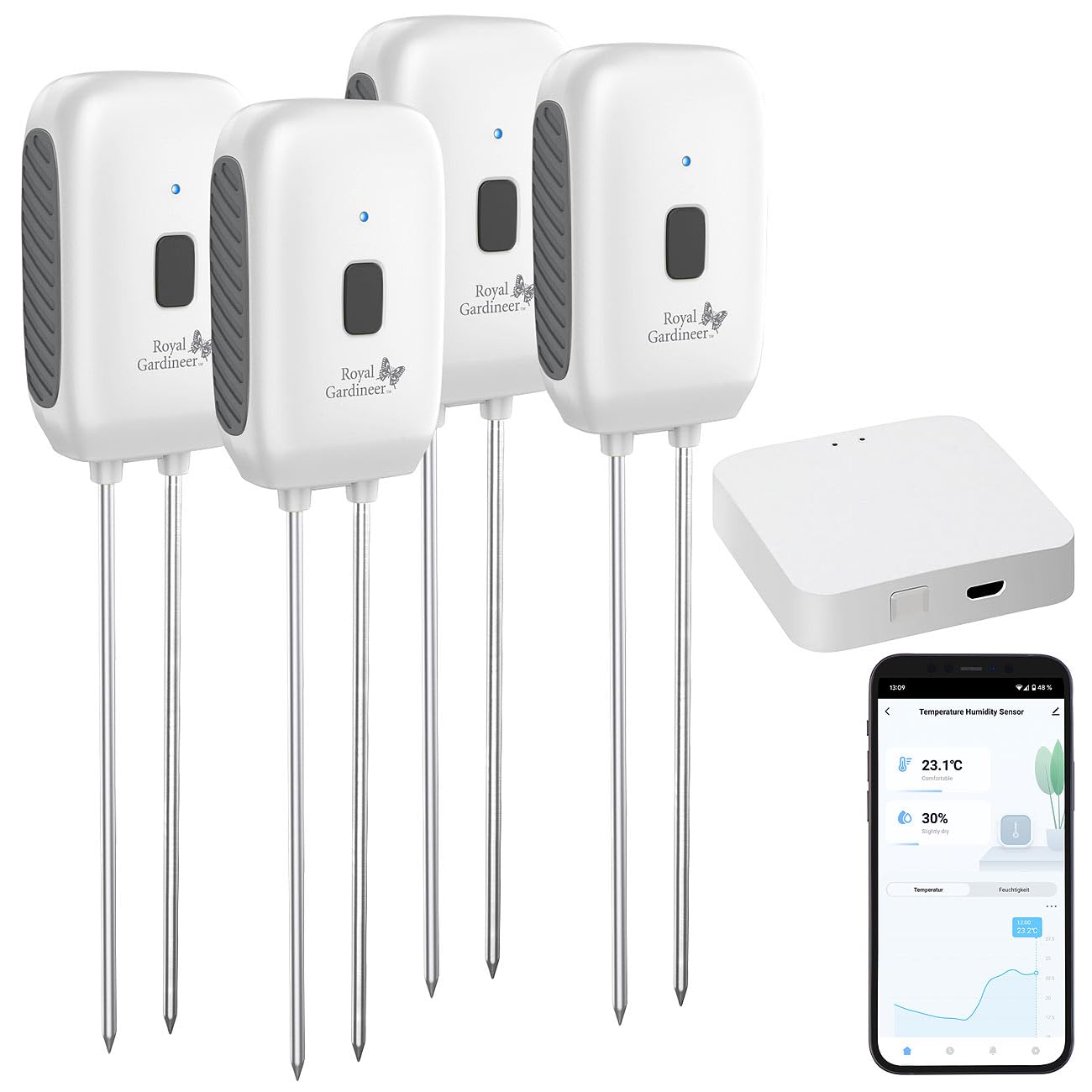 Royal Gardineer Bodenfeuchtigkeitssensor: 4er-Set Boden-Feuchtigkeits-&Temperatur-Sensoren mit WLAN-Gateway, App (Boden Feuchtigkeitsmesser WLAN, Bodentemperatur Sensor, Thermo)